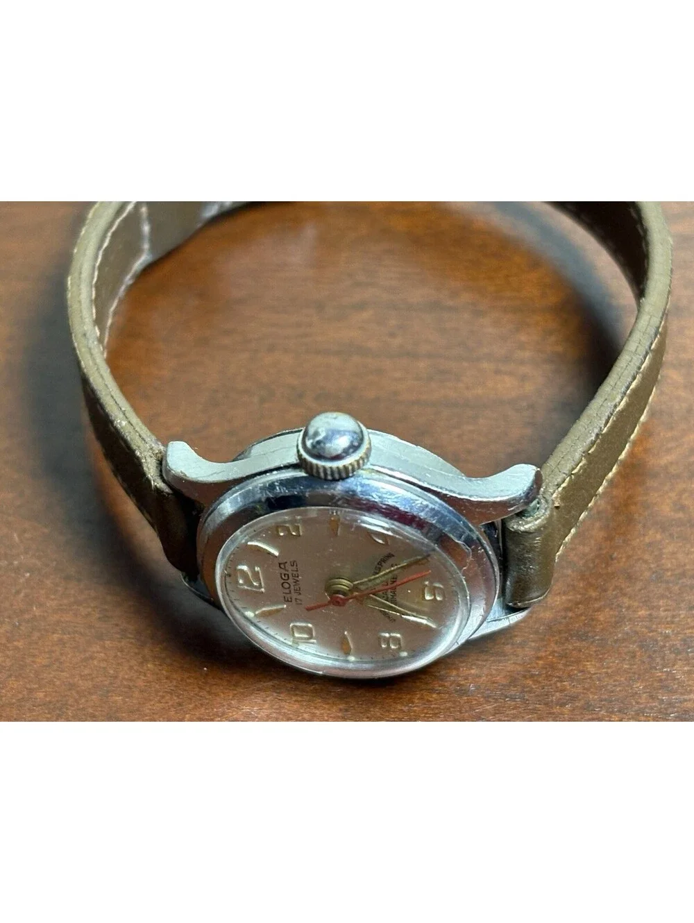 Vintage Eloga 17J Hand-Wind Watch Red Second Hand Cream Dial Explorer Font Swiss
